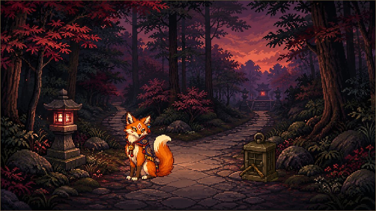 Kitsune en un sendero ilustrado del bosque